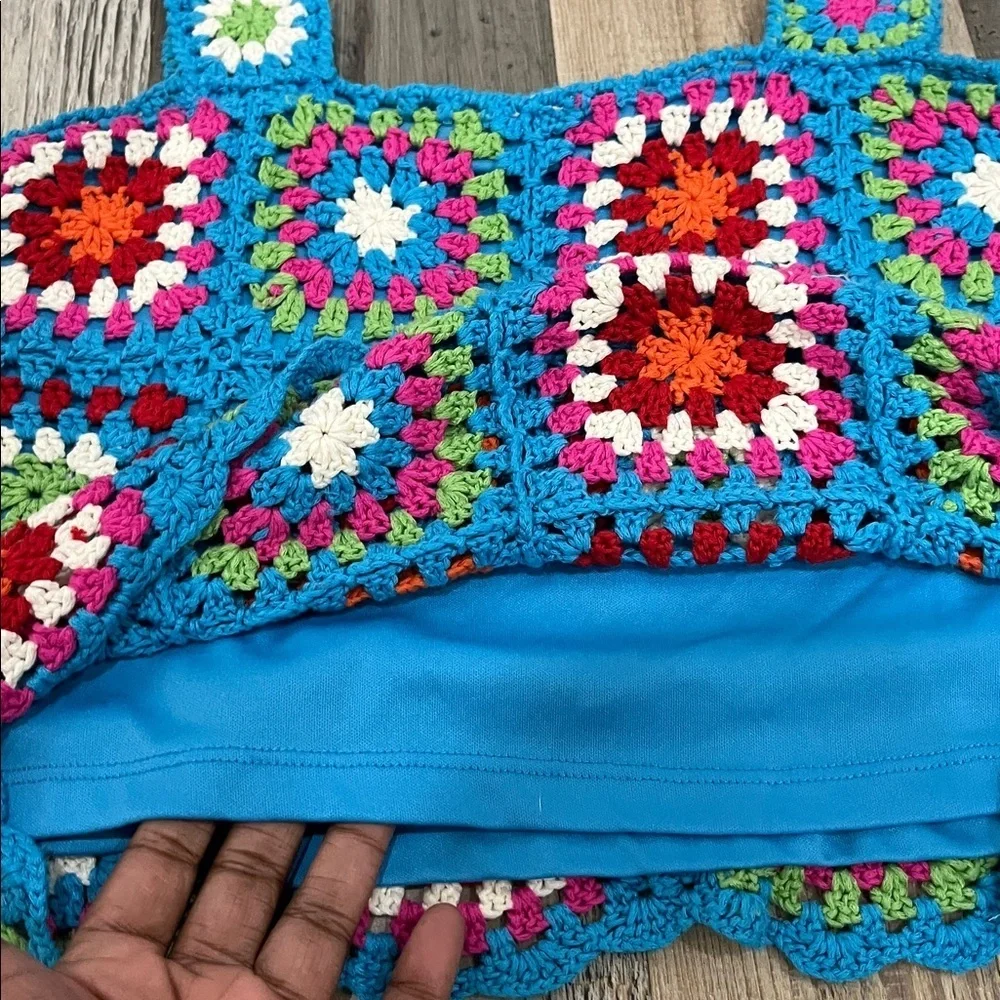 Rare Editions Youth Girls Blue Multi Color Crochet Tank Top Sz 16 GrannyCore